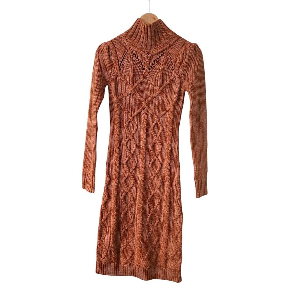 Moda International Cable Knit Sweater Dress Womens SM Pumpkin Spice Wool Blend